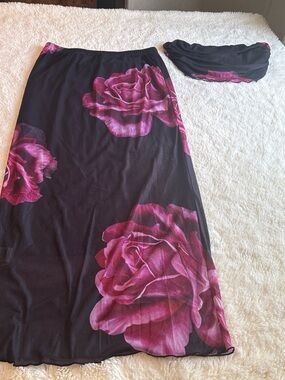 Black Maxi Skirt with Pink Rose Print
